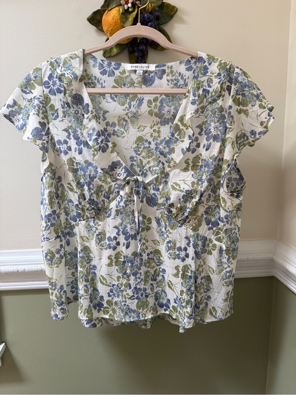 Rose & Olive Blue and Green Floral Tie-Front Blouse